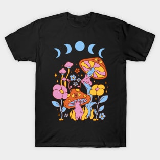 Cottagecore Mushroom Blue Retro Moon Phases T-Shirt